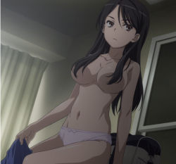 Rule 34 | 1girl, black hair, breasts, censored, convenient censoring, from below, frown, fukiyose seiri, hair censor, hair over breasts, highres, indoors, large breasts, long hair, navel, panties, panties only, screencap, sitting, solo, stitched, third-party edit, toaru majutsu no index, toaru majutsu no index: old testament, topless, underwear, underwear only