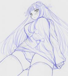 Rule 34 | 1girl, :&lt;, blush, bow, breasts, crescent, crescent hair ornament, dress, female focus, hair bow, hair ornament, huge breasts, kasuga yukihito, long hair, monochrome, panties, pantyshot, patchouli knowledge, sketch, solo, standing, sweater, sweater dress, taut clothes, taut dress, thighhighs, touhou, traditional media, underwear, upskirt