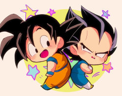 Rule 34 | 2boys, :d, annoyed, back-to-back, beige background, black eyes, black hair, blush, boots, chibi, circle, crossed arms, dougi, dragon ball, dragonball z, frown, happy, looking back, male focus, motunabe707070, multiple boys, open mouth, simple background, smile, son goku, spiked hair, star (symbol), starry background, vegeta