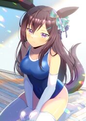 Rule 34 | 1girl, animal ears, bare shoulders, blue bow, blue one-piece swimsuit, bow, breasts, brown hair, closed mouth, collarbone, commentary request, commission, covered navel, ear bow, elbow gloves, gloves, hair between eyes, hair ornament, hairclip, horse ears, horse girl, horse tail, kou hiyoyo, looking at viewer, medium breasts, mejiro dober (umamusume), no shoes, one-piece swimsuit, purple eyes, seiza, sitting, skeb commission, solo, swimsuit, tail, thighhighs, umamusume, white gloves, white thighhighs