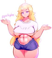 Rule 34 | 1girl, abs, ahoge, blonde hair, breasts, curvy, deee, eyebrows, highres, large breasts, long hair, purple eyes, rwby, shorts, smile, solo, standing, stomach, sweat, thick thighs, thighs, underboob, very long hair, wide hips, yang xiao long