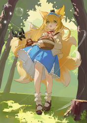 Rule 34 | 1girl, :d, absurdres, animal, animal ears, arknights, bag, basket, black cat, blonde hair, blue hairband, blue skirt, brown footwear, cat, commentary request, crossover, day, fox ears, fox girl, fox tail, frilled hairband, frills, green eyes, hair between eyes, hairband, heart, heixiu, highres, holding, holding basket, jacket, kitsune, kuweichuanxin jr, long hair, long sleeves, luo xiaohei, neck ribbon, on head, open clothes, open jacket, open mouth, outdoors, puffy long sleeves, puffy sleeves, red ribbon, ribbon, shoes, shoulder bag, skirt, smile, socks, suzuran (arknights), suzuran (spring praise) (arknights), tail, teeth, luo xiaohei zhanji, tree, tree stump, upper teeth only, very long hair, white jacket, white socks