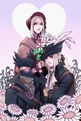 Rule 34 | 1boy, 2girls, ascot, asrikins, bloodborne, blush, bonnet, cape, cloak, coat, crossed arms, doll joints, feathers, flower, gem, gloves, green eyes, hat, hat feather, heart, highres, holding, holding flower, hunter (bloodborne), jewelry, joints, lady maria of the astral clocktower, long hair, looking at viewer, mask, mouth mask, multiple girls, open mouth, parted bangs, plain doll, ponytail, shirt, short hair, simple background, smile, swept bangs, the old hunters, tricorne, weapon, white flower, white hair, white shirt