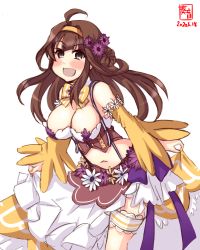 Rule 34 | 1girl, ahoge, artist logo, black eyes, bowtie, breasts, brown hair, cleavage, clothes lift, commentary request, cosplay, cowboy shot, dated, double bun, flower, flower knight girl, hair bun, hair flower, hair ornament, highres, kanon (kurogane knights), kantai collection, kongou (kancolle), large breasts, leaning forward, lifting own clothes, long hair, looking at viewer, midriff, navel, osteospermum (flower knight girl), osteospermum (flower knight girl) (cosplay), simple background, skirt, skirt lift, smile, solo, striped bow, striped bowtie, striped clothes, white background, white skirt, yellow neckwear