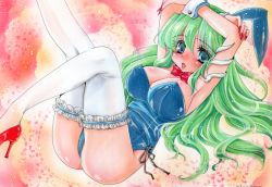 Rule 34 | 1girl, alternate costume, animal ears, armlet, armpits, arms up, ass, black ribbon, blue eyes, blush, bow, bowtie, breasts, chestnut mouth, cleavage, fake animal ears, female focus, fingernails, frilled thighhighs, frills, green hair, high heels, holding elbow, hug, kochiya sanae, lace background, large breasts, legs up, leotard, long fingernails, long hair, lying, marker (medium), millipen (medium), mitsuba (threeleaf), nail polish, on back, playboy bunny, rabbit ears, red bow, red footwear, red nails, ribbon, sharp fingernails, shoes, snake, solo, thighhighs, touhou, traditional media, white thighhighs, wrist cuffs