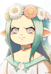 Rule 34 | 1girl, :t, warrior of light (ff14), blush, closed mouth, commentary, commission, dress, earrings, english commentary, final fantasy, final fantasy xiv, flower, frown, green hair, grey eyes, hair flower, hair ornament, head wreath, jewelry, lalafell, lutherniel, necklace, pink flower, pointy ears, pout, signature, simple background, white background, white dress, white flower