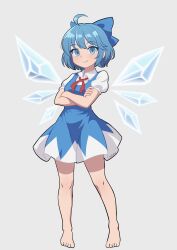Rule 34 | 1girl, absurdres, ahoge, bare legs, barefoot, blue bow, blue dress, blue eyes, blue hair, blue ribbon, bow, cirno, cirno day, closed mouth, crossed arms, detached wings, dress, fairy, fairy wings, fluffywings, frozen, grey background, hair bow, hair ribbon, highres, ice, ice wings, knees, looking at viewer, ribbon, short dress, short hair, short sleeves, sidelocks, signature, simple background, smile, solo, standing, touhou, wings