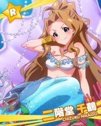 Rule 34 | &gt;:), 10s, 1girl, blush, brown hair, character name, coral, green eyes, hand on head, idolmaster, idolmaster million live!, jewelry, long hair, looking at viewer, lots of jewelry, mermaid, mermaid costume, monster girl, necklace, nikaidou chizuru, official art, ponytail, v-shaped eyebrows