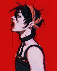 Rule 34 | 1boy, black hair, blood, blood from mouth, blood on face, chariko, choker, from side, highres, jojo no kimyou na bouken, male focus, messy hair, narancia ghirga, nosebleed, open mouth, purple eyes, red background, signature, solo, vento aureo