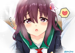 Rule 34 | 1girl, :o, admiral (kancolle), black jacket, blush, brown hair, collarbone, commentary request, green sailor collar, hair between eyes, hair ornament, heart, jacket, kantai collection, kisaragi (kancolle), long hair, looking at viewer, open clothes, open jacket, open mouth, pants, purple eyes, red neckwear, sailor collar, school uniform, serafuku, shirt, shoes, solo focus, sou (soutennkouchi), sparkle, spoken heart, spread legs, translation request, twitter username, upper body, white footwear, white pants, white shirt, wooden floor
