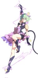 Rule 34 | 1girl, arm up, boots, bra, breasts, cleavage, electricity, full body, glasses, green eyes, green hair, highres, jacket, looking at viewer, medium breasts, open clothes, open mouth, pandoria (xenoblade), pointy ears, purple bra, purple footwear, purple jacket, purple shorts, short hair, shorts, simple background, solo, stephanieh81080, tail, underwear, white background, xenoblade chronicles (series), xenoblade chronicles 2