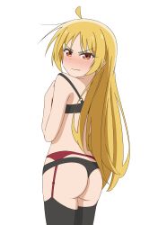 Rule 34 | 1girl, absurdres, ahoge, ass, black bra, black thighhighs, blonde hair, blush, bocchi the rock!, bra, closed mouth, cowboy shot, dot nose, embarrassed, from behind, garter straps, highres, ijichi seika, long hair, looking at viewer, looking back, nose blush, red eyes, simple background, solo, standing, thighhighs, thundradrawings, underwear, underwear only, v-shaped eyebrows, very long hair, wavy mouth, white background