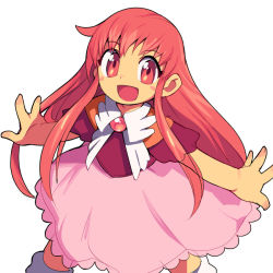 Rule 34 | 1girl, :d, blush stickers, dress, konjiki no gash!!, long hair, looking at viewer, metata, open mouth, outstretched arms, pink dress, red eyes, red hair, short sleeves, simple background, smile, solo, tio (konjiki no gash!!), white background