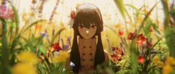 Rule 34 | 1girl, backlighting, black hair, blue flower, blurry, braid, buttons, closed mouth, coat, commentary, day, depth of field, double-breasted, field, flower, flower field, grass, hair between eyes, hair flower, hair ornament, hair ribbon, hairband, highres, long hair, looking at viewer, nature, pink flower, purple flower, red eyes, red lips, ribbon, sidelocks, smile, solo, spy x family, straight-on, toggles, turtleneck, updo, upper body, wang-xi, yellow flower, yor briar