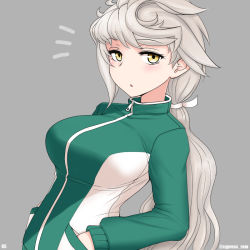 Rule 34 | 1girl, :o, alternate costume, alternate hairstyle, asymmetrical bangs, breasts, cypress, grey background, grey hair, hands in pockets, jacket, kantai collection, large breasts, long hair, long sleeves, low ponytail, ponytail, simple background, solo, track jacket, track suit, twitter username, unryuu (kancolle), yellow eyes