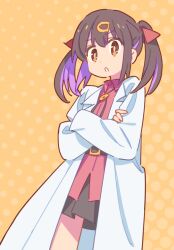 Rule 34 | 1girl, black hair, black skirt, bolo tie, brown eyes, coat, commentary, crossed arms, hair ornament, hairclip, lab coat, long hair, looking at viewer, multicolored hair, onii-chan wa oshimai!, open clothes, open coat, open mouth, oyama mihari, pepo (pepopepo), pleated skirt, purple hair, red shirt, shirt, simple background, skirt, solo, streaked hair, twintails, two-tone hair, wing collar, yellow background
