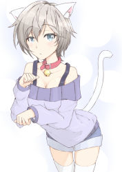 Rule 34 | 10s, 1girl, anastasia (idolmaster), animal ears, bare shoulders, bell, blue eyes, breasts, cat ears, cat tail, cleavage, collar, collarbone, highres, idolmaster, idolmaster cinderella girls, leaning forward, looking at viewer, neck bell, paw pose, short hair, shorts, shunichi, silver hair, solo, sweater, tail, thighhighs, white thighhighs
