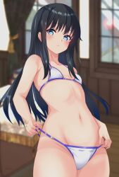 Rule 34 | 1girl, alternate costume, asashio (kancolle), bare arms, bare shoulders, bikini, bikini pull, black hair, blue eyes, blurry, blurry background, blush, breasts, closed mouth, clothes pull, collarbone, commentary request, cowboy shot, day, desk, from below, game screenshot background, highres, indoors, kantai collection, long hair, looking at viewer, micro bikini, navel, nitamako (sakamalh), pout, purple bikini, small breasts, solo, standing, stomach, swimsuit, thighs, white bikini, window