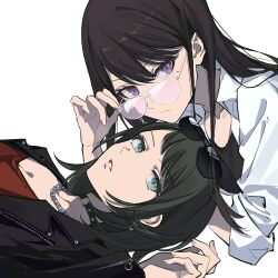 Rule 34 | 2girls, adjusting eyewear, aqua eyes, arm support, bang dream!, bang dream! it&#039;s mygo!!!!!, black choker, black hair, black jacket, black shirt, chain, chain necklace, choker, closed mouth, collarbone, collared shirt, earrings, eyewear on head, from side, hair behind ear, hair between eyes, hand up, highres, jacket, jewelry, long hair, looking at viewer, looking to the side, lying, medium hair, mole, mole under eye, multiple girls, necklace, o-ring, o-ring choker, on back, on stomach, open clothes, open jacket, open shirt, parted lips, pink-tinted eyewear, purple eyes, ringo orihara, shiina taki, shirt, sidelocks, simple background, sleeves past elbows, sleeves pushed up, studded choker, sunglasses, tinted eyewear, upper body, v-shaped eyebrows, white-framed eyewear, white background, white shirt, yahata umiri, zipper