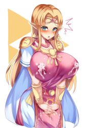 Rule 34 | 1girl, ^^^, absurdres, alternate breast size, aqua eyes, armor, bead necklace, beads, blonde hair, blush, bracer, breast expansion, breasts, commentary request, cowboy shot, dress, drooling, earrings, embarrassed, gem, highres, huge breasts, jewelry, lactation, lactation through clothes, long hair, looking at viewer, necklace, nintendo, open mouth, own hands together, parted bangs, pauldrons, pink dress, pointy ears, princess zelda, saliva, short sleeves, shoulder armor, sidelocks, simple background, solo, standing, super smash bros., surprised, sweat, the legend of zelda, the legend of zelda: a link between worlds, tiamat (momokuri mannen), tiara, triangle earrings, triforce, v arms, white background, white dress