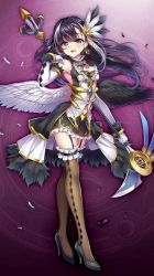 Rule 34 | 1girl, black hair, black thighhighs, choker, dress, earrings, elbow gloves, feather trim, feathers, frills, gloves, green eyes, grimms notes, hair ornament, heterochromia, jewelry, miniskirt, multicolored hair, open mouth, purple eyes, senri gan, short dress, simple background, skirt, smile, staff, standing, thighhighs, white hair, wings, zettai ryouiki