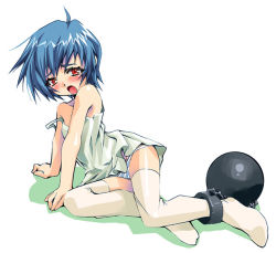 Rule 34 | 1girl, asaki takayuki, ball and chain restraint, blue hair, feet, panties, red eyes, socks, solo, striped clothes, striped panties, thighhighs, underwear