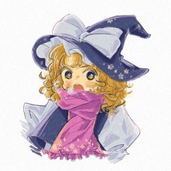 Rule 34 | 1girl, artist request, black hat, black vest, blonde hair, blush, bow, breathing, colored eyelashes, curly hair, frilled hat, frills, hat, hat bow, kirisame marisa, multicolored eyes, open mouth, pink scarf, puffy sleeves, scarf, shirt, short hair, simple background, snowflake print, snowflakes, solo, teeth, touhou, upper body, vest, white shirt, witch, witch hat