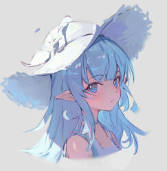Rule 34 | 1girl, :o, blue eyes, blue hair, choker, cropped torso, dress, granblue fantasy, grey background, hat, highres, light blush, lily (granblue fantasy), long hair, looking at viewer, looking to the side, pointy ears, sidelocks, sketch, sleeveless, sleeveless dress, solo, sun hat, upper body, wang man, white dress, white hat