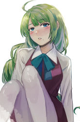 Rule 34 | 1girl, absurdres, ahoge, blue eyes, bow, bowtie, braid, dress, green hair, grey pantyhose, hagioshi, halterneck, highres, kantai collection, long hair, long sleeves, looking at viewer, mole, mole under mouth, pantyhose, parted lips, purple dress, school uniform, shirt, simple background, single braid, sitting, solo, upper body, very long hair, white background, white shirt, yuugumo (kancolle)