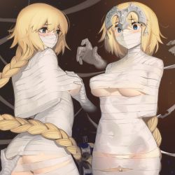 Rule 34 | 2girls, absurdres, arms behind back, ass, bandages, blonde hair, blue eyes, bound, braid, breasts, dual persona, fate/apocrypha, fate (series), gag, headpiece, highres, improvised gag, jeanne d&#039;arc (fate), jeanne d&#039;arc (ruler) (fate), kaddo, long braid, long hair, medium breasts, multiple girls, mummification, single braid, very long hair, wrapped up