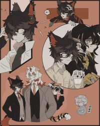 Rule 34 | 1girl, 4boys, aak (arknights), animal ear piercing, arknights, bear boy, black gloves, black hair, black hat, black jacket, cat boy, closed mouth, collared shirt, cup, dog boy, dragon boy, fingerless gloves, furry, furry female, furry male, glasses, gloves, grey jacket, hair between eyes, hair over one eye, hat, highres, holding, holding cup, horns, hung (arknights), jacket, jaye (arknights), lee (arknights), long hair, multiple boys, necktie, red horns, red necktie, shirt, single horn, sirakaro, speech bubble, tiger girl, translation request, vial, waai fu (arknights), white shirt, yellow eyes