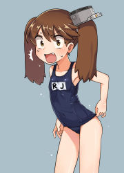 Rule 34 | 1girl, ^^^, absurdres, bare arms, bare shoulders, blue one-piece swimsuit, brown eyes, brown hair, clothes pull, collarbone, covered navel, fang, flat chest, hair between eyes, highres, kantai collection, lakilolom, long hair, looking at viewer, name tag, one-piece swimsuit, one-piece swimsuit pull, open mouth, pulling own clothes, ryuujou (kancolle), school swimsuit, solo, surprised, sweat, swimsuit, thighs, twintails, v-shaped eyebrows
