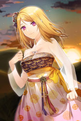 Rule 34 | 1girl, bare shoulders, blonde hair, breasts, cleavage, collarbone, dress, flower, hanbok, holding, korean clothes, long hair, lowres, maedeup, outdoors, parted bangs, pink eyes, ribbon, rose pacifica, smile, solo, strapless, sunset, sword girls, tyuhus