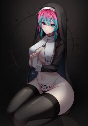 Rule 34 | 1girl, bad id, bad pixiv id, black panties, black thighhighs, blue eyes, blue hair, breast curtains, breasts, cross, cross necklace, habit, heterochromia, highleg, highleg panties, highres, hiroside, jewelry, kneeling, large breasts, looking at viewer, multicolored hair, navel, necklace, nun, original, own hands clasped, own hands together, panties, pink eyes, pink hair, pubic tattoo, short hair with long locks, shrug (clothing), solo, tattoo, thighhighs, two-tone hair, underwear
