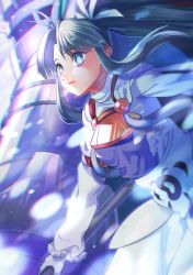 Rule 34 | 1girl, blue eyes, blue hair, breasts, cape, closed mouth, gloves, golden sun, hair ribbon, long hair, mia (golden sun), oas, ponytail, ribbon, robe, solo, staff, white gloves, wide ponytail