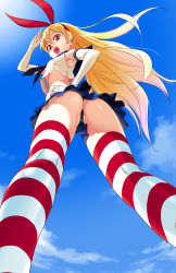 Rule 34 | 1girl, :d, aikatsu!, aikatsu! (series), armpits, ass, bare shoulders, black panties, blonde hair, blue skirt, blue sky, breasts, cameltoe, cosplay, day, elbow gloves, floating hair, from below, gloves, hairband, hand on own hip, highres, hoshimiya ichigo, kantai collection, long hair, look-alike, no bra, open mouth, panties, pantyshot, red eyes, salute, shimakaze (kancolle), shimakaze (kancolle) (cosplay), shirt, skirt, sky, sleeveless, sleeveless shirt, small breasts, smile, socks, solo, standing, striped clothes, striped socks, striped thighhighs, thighhighs, thong, underboob, underwear, upskirt, very long hair, white gloves, wind, yamashita bungo