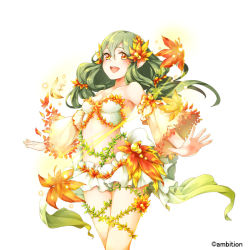Rule 34 | 1girl, :d, bare shoulders, blush, breasts, brown eyes, detached sleeves, flower, green hair, himekiss, long hair, maru-kichi, midriff, navel, official art, open mouth, small breasts, smile, solo, standing