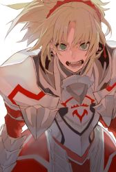 Rule 34 | 1girl, angry, armor, bad id, bad pixiv id, blonde hair, breastplate, commentary request, cowboy shot, d:, fate/apocrypha, fate (series), faulds, green eyes, grimace, hair between eyes, kibadori rue, mordred (fate), mordred (fate/apocrypha), open mouth, pauldrons, ponytail, scrunchie, shoulder armor, simple background, solo, standing, vambraces, white background