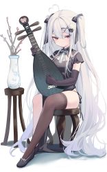 Rule 34 | 1girl, absurdres, ahoge, black dress, black footwear, black gloves, brown thighhighs, dress, elbow gloves, full body, gloves, hair between eyes, hair ornament, hair ribbon, heart, heart ahoge, highres, holding, holding instrument, incredibly absurdres, instrument, instrument request, long hair, niliu chahui, on stool, original, pink eyes, plant, potted plant, ribbon, shoes, short sleeves, simple background, single thighhigh, sitting, solo, thighhighs, tokisaki mio (niliu chahui), two side up, very long hair, white background, white hair, x hair ornament