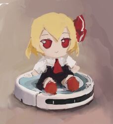 Rule 34 | 1girl, ascot, black shirt, blonde hair, brown background, full body, fumo (doll), gradient background, hair ribbon, long sleeves, painterly, red ascot, red eyes, red footwear, reddizen, ribbon, robotic vacuum cleaner, rumia, shirt, short hair, simple background, sitting, smile, solo, touhou, vest, white shirt