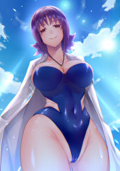 Rule 34 | 1girl, blue one-piece swimsuit, blue sky, blush, breasts, cameltoe, chikage (blackclownery), cleavage, cleft of venus, creatures (company), curvy, game freak, highres, large breasts, looking at viewer, nintendo, one-piece swimsuit, partially visible vulva, philena ivy, pokemon, pokemon (anime), pokemon (classic anime), purple hair, shiny skin, sky, smile, spiked hair, standing, swimsuit