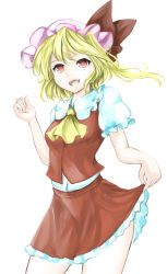 Rule 34 | 1girl, blonde hair, blush, breasts, clenched hand, contrapposto, cowboy shot, flandre scarlet, hat, kz nagomiya, looking at viewer, miniskirt, mob cap, neckerchief, no wings, open mouth, red eyes, short sleeves, side ponytail, simple background, skirt, skirt hold, small breasts, smile, solo, standing, touhou, tsurime, white background