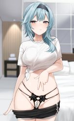 Rule 34 | 1girl, absurdres, bad id, bad twitter id, black panties, black shorts, blouse, blue hair, blurry, breasts, clothes pull, cowboy shot, crop top, depth of field, eula (genshin impact), frown, genshin impact, groin, hair over shoulder, hairband, hand on own stomach, highres, indoors, large breasts, lingerie, long hair, looking at viewer, midriff, multi-strapped panties, panties, pearl thong, shengtian, shirt, short shorts, short sleeves, shorts, shorts pull, side-tie shirt, skindentation, solo, standing, stomach, string panties, underwear, white shirt, yellow eyes