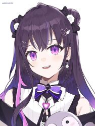 1girl arata_ryou black_hair bow bowtie double_bun earrings frilled_shirt frills gradient_hair hair_bun hair_ornament hairclip heart heart_hair_ornament highres jacket jewelry long_hair looking_at_viewer mikure_narin multicolored_hair off_shoulder open_mouth purple_bow purple_bowtie purple_eyes purple_hair shirt simple_background sleeveless sleeveless_shirt smile solo streaked_hair twitter_username virtual_youtuber vspo! vspo!_en white_background white_shirt x_hair_ornament