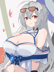 Rule 34 | 1girl, arknights, asususususu, bare shoulders, black choker, breasts, choker, cleavage, closed mouth, commentary request, eyewear on head, hair between eyes, hair ornament, hand on own chest, highres, large breasts, long hair, looking at viewer, midriff, nail polish, navel, no headwear, off-shoulder shirt, off shoulder, official alternate costume, orca hair ornament, red eyes, red nails, shirt, short sleeves, silver hair, skadi (arknights), skadi (waverider) (arknights), sketch, solo, sunglasses, upper body, very long hair, wavy mouth, white background, white shirt