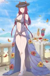 Rule 34 | 1girl, absurdres, alcohol, artist name, balcony, bare legs, beach, bikini, black bikini, black hat, blue sky, blurry, breasts, cleavage, cup, depth of field, dress, drinking glass, drinking straw, falling petals, female focus, fire emblem, fire emblem engage, floral print, flower, full body, gown, hat, high heels, highres, ivy (fire emblem), ivy (summer) (fire emblem), large breasts, light particles, light rays, long hair, matching hair/eyes, midriff, navel, nintendo, ocean, outdoors, petals, purple eyes, purple hair, sky, solo, standing, sunlight, swimsuit, tak0baka, thighs, toeless footwear, toes, tropical drink, white footwear