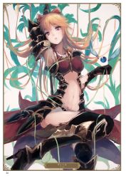 Rule 34 | 1girl, armor, armpits, artist name, artist request, black footwear, black gloves, black panties, blonde hair, boots, bow, bra, breasts, brown eyes, card (medium), character name, collarbone, floating hair, gloves, granblue fantasy, hair bow, high heel boots, high heels, highres, long hair, looking at viewer, medium breasts, midriff, navel, page number, panties, parted lips, red bow, red bra, solo, stomach, thigh boots, thighhighs, underwear, very long hair, vira (granblue fantasy)