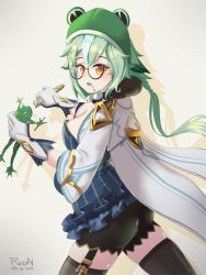 Rule 34 | 1girl, ass, bike shorts, blush, breasts, cleavage, frog, frog hat, garter straps, genshin impact, glasses, gloves, green hair, highres, long hair, looking at viewer, low ponytail, medium breasts, multicolored hair, open mouth, orange eyes, redn art, shiny clothes, shiny skin, skirt, sucrose (genshin impact), thighhighs, very long hair, white hair