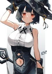 Rule 34 | 1girl, absurdres, arm up, bangle, black gloves, black hair, black hat, black skirt, black thighhighs, blush, bracelet, breasts, closed mouth, clothing cutout, commission, earrings, gloves, hat, hat ornament, highres, jewelry, large breasts, looking at viewer, midorino (green-happy), navel, navel cutout, original, red eyes, short hair, simple background, single earring, skeb commission, skirt, sleeveless, solo, staff, sweat, thighhighs, two-tone background, witch, witch hat