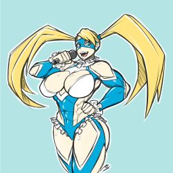 Rule 34 | 1girl, abs, blonde hair, blue eyes, breasts, capcom, cleavage cutout, clothing cutout, hand on own hip, huge breasts, kimyouna juju, leotard, long hair, mask, microphone, muscular, muscular female, rainbow mika, simple background, solo, street fighter, street fighter v, thick thighs, thighs, twintails